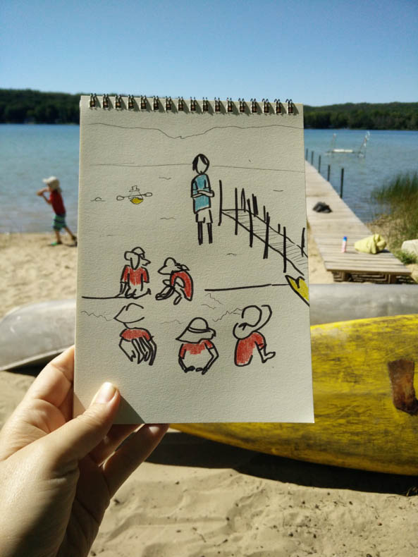 a drawing of a small boy with a red shirt, playing by a lake