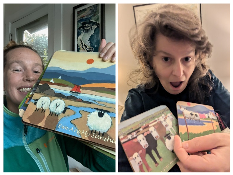 On the left, a woman holds a sheep placemat. On the right, a different woman holds two sheep coasters.  