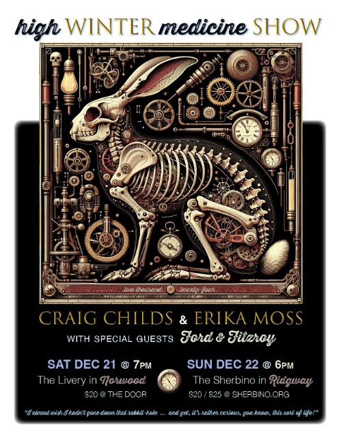 Gig poster with an illustration of a clockwork rabbit skeleton, advertising a performance by Craig Childs and Erika Moss.