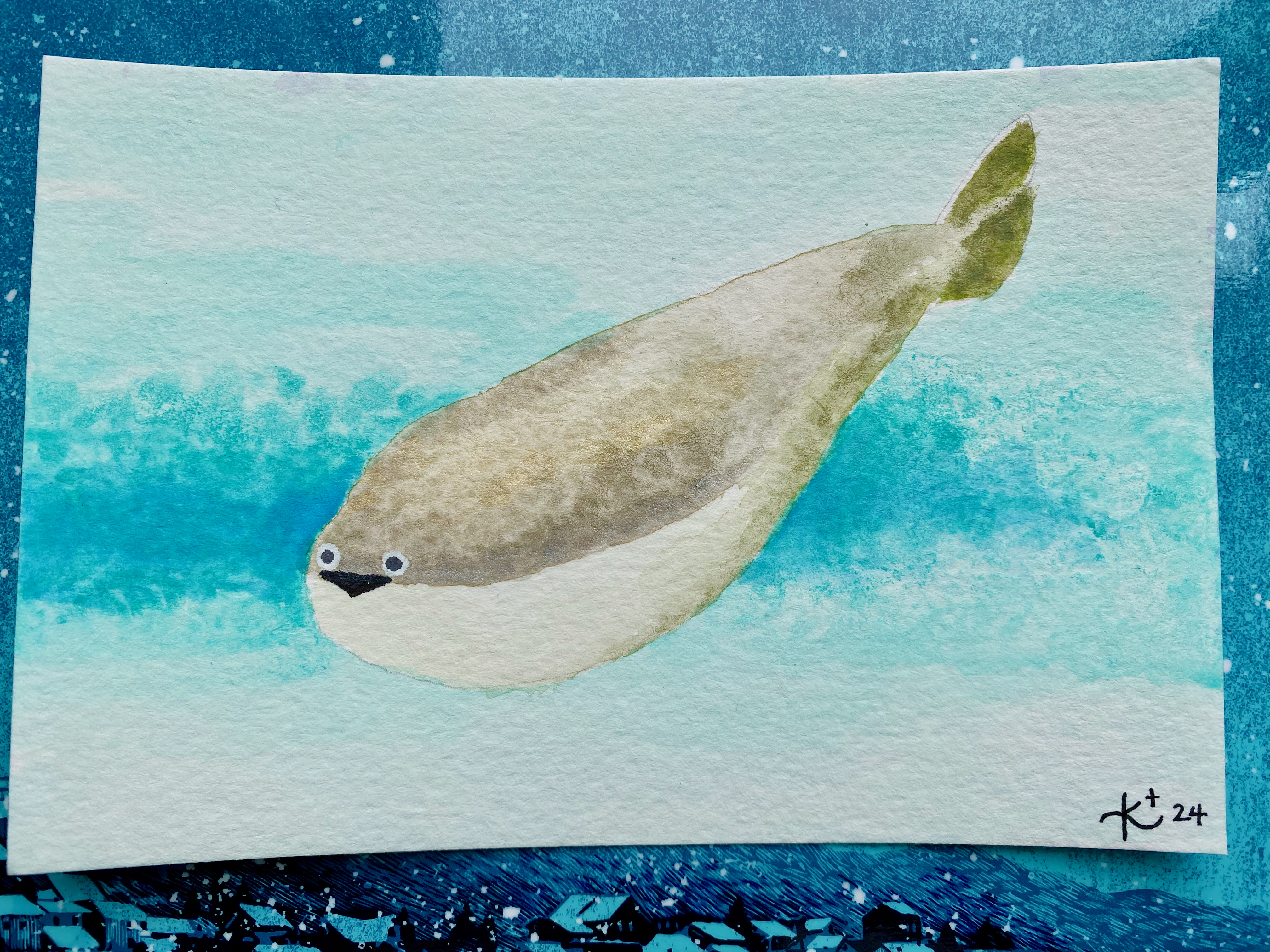 Watercolor painting of a tadpole-shaped prehistoric sea animal with no fins, staring round eyes, and a silly triangle mouth.