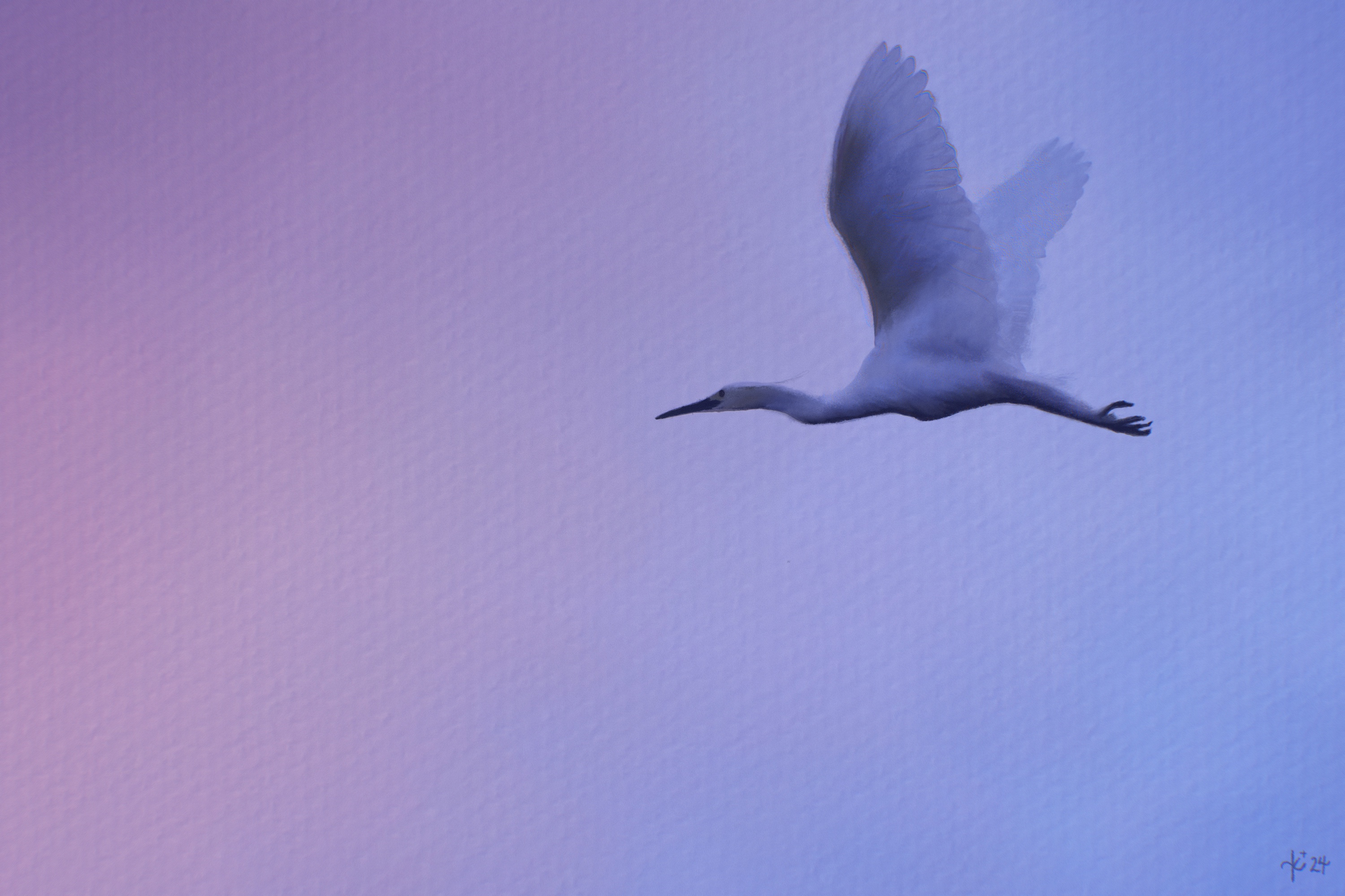 Illustration of a heron flying through a twilit pink and purple sky