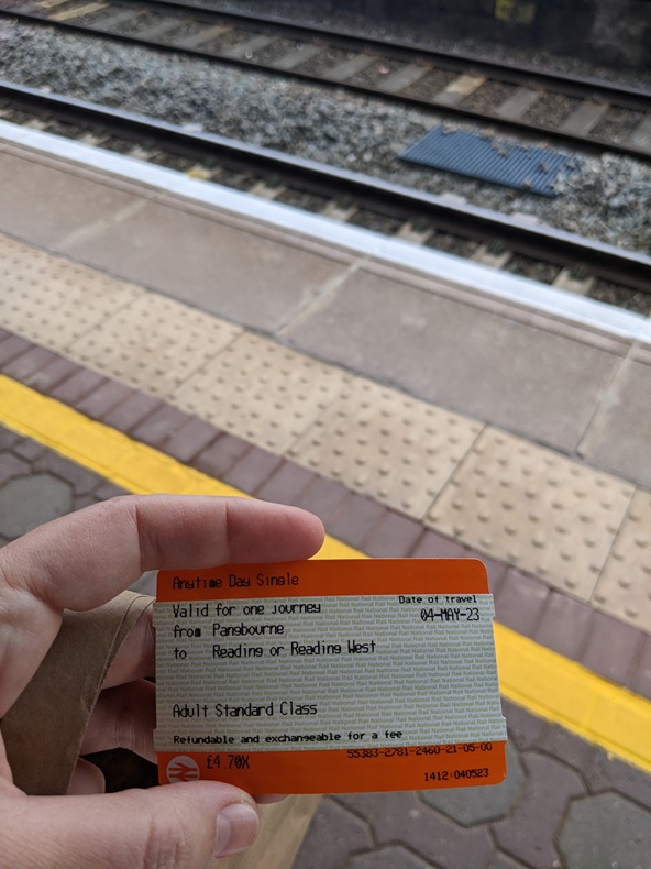Hand holding up train ticket with platform and tracks in background