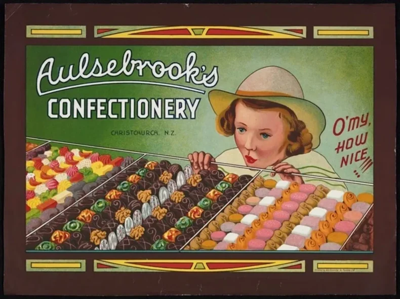 a girl in a 1920s poster peruses a selection of delicious confectionary